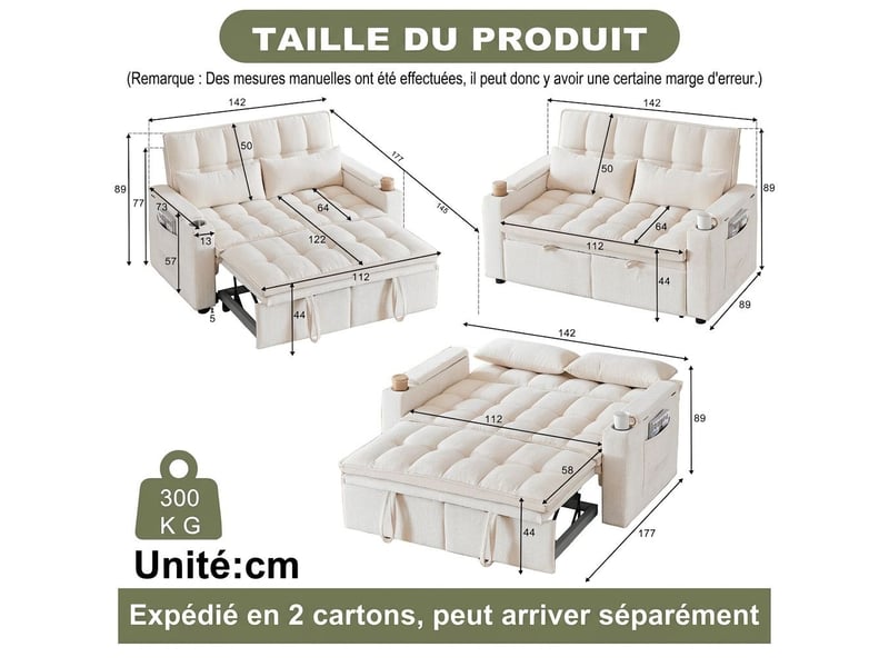Canapé convertible 3-en-1 142 cm en tissu chenille effet nuage – canapé-lit 2 places avec position relax, 2 porte-gobelets, rangements dans accoudoirs et 2 coussins lombaires – beige - Conforama B