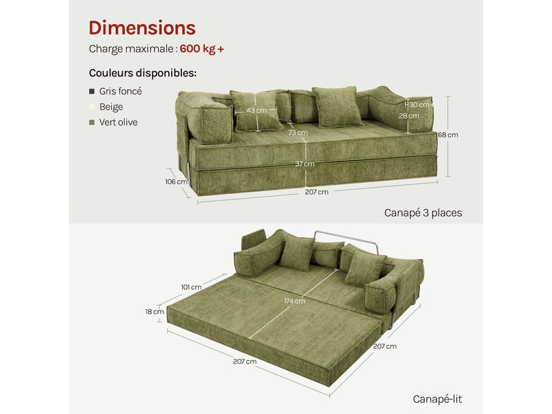 Canapé-lit convertible 3 places,sofa de sol modulaire,coussins amovibles, 207x106x68cm,vert olive - Conforama D