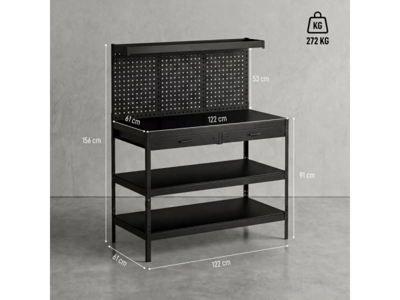 Établi d'atelier noir avec étagères réglables, panneau perforé, 2 tiroirs, station de travail robuste 122x61x156 cm pour garage - Conforama D