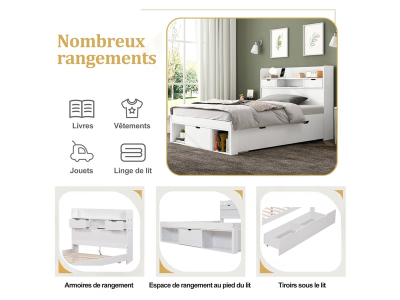 Lit simple 90x190 cm blanc - port usb, tiroir intégré, grand rangement, matelas non inclus  - Conforama E