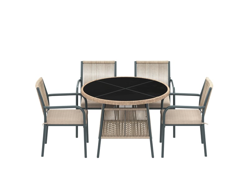  Salon de jardin 5 pièces gris, table ronde 110 cm en verre trempé, 4 fauteuils avec coussins pour terrasse  - Conforama D