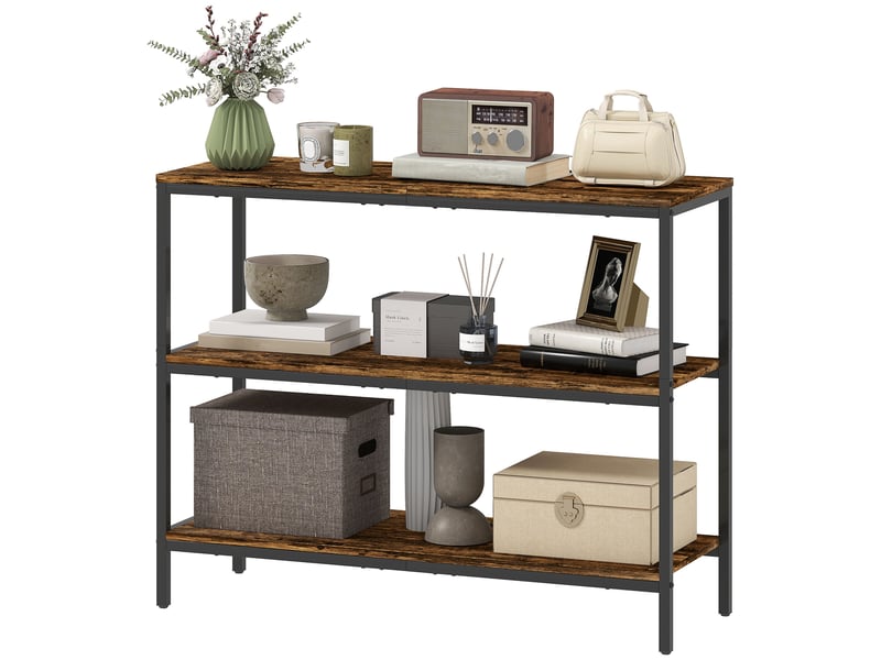  Console, table d'appoint avec étagère à 3 niveaux, panneaux de particules, métal, marron clair  - Conforama B