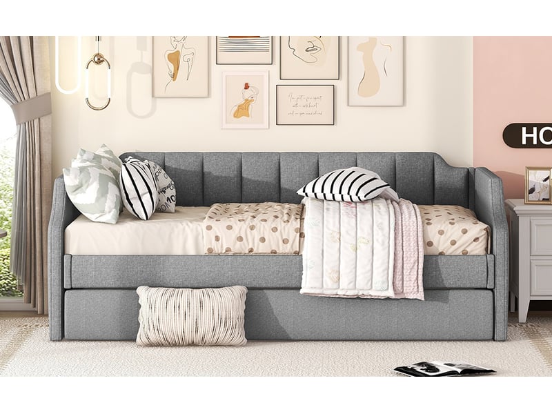  Lit simple 90x200 cm gris capitonné - lit d’appoint escamotable intégré  - Conforama E