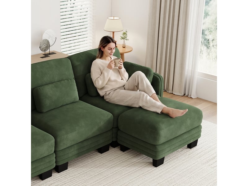  Canapé modulable en u 3 places en chenille vert avec 2 poufs pour salon  - Conforama B