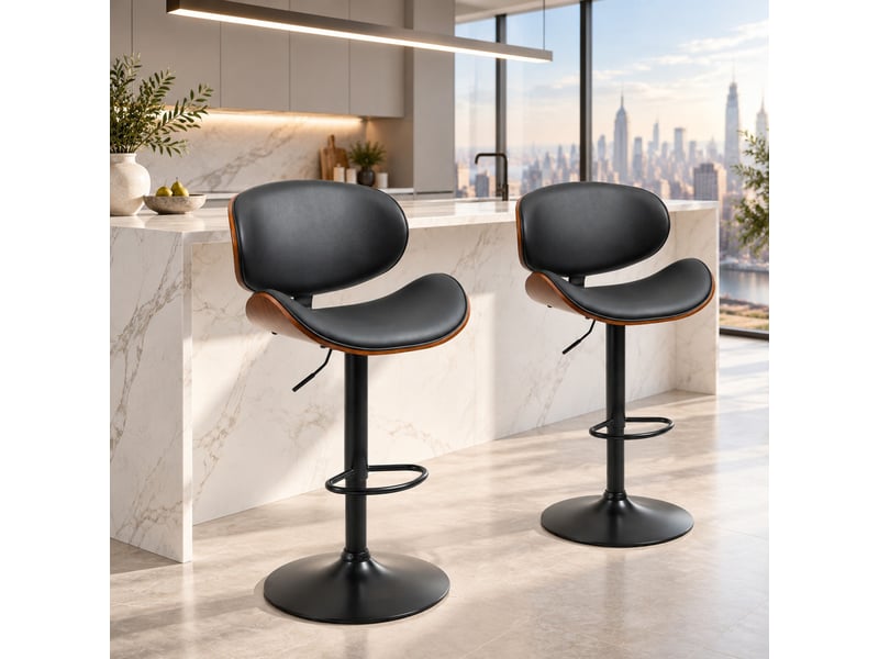  Lot de 2 tabourets de bar 53x52x92-112 cm réglables en hauteur, assise en polyuréthane, base en acier, pivotants, couleur noire  - Conforama B