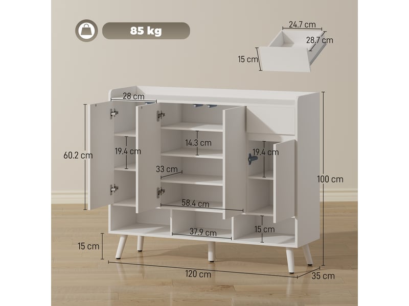  Meuble à chaussures en bois pour l'entrée, avec 4 portes à ouverture par pression, étagères réglables, tiroir, 3 compartiments ouverts, blanc  - Conforama E