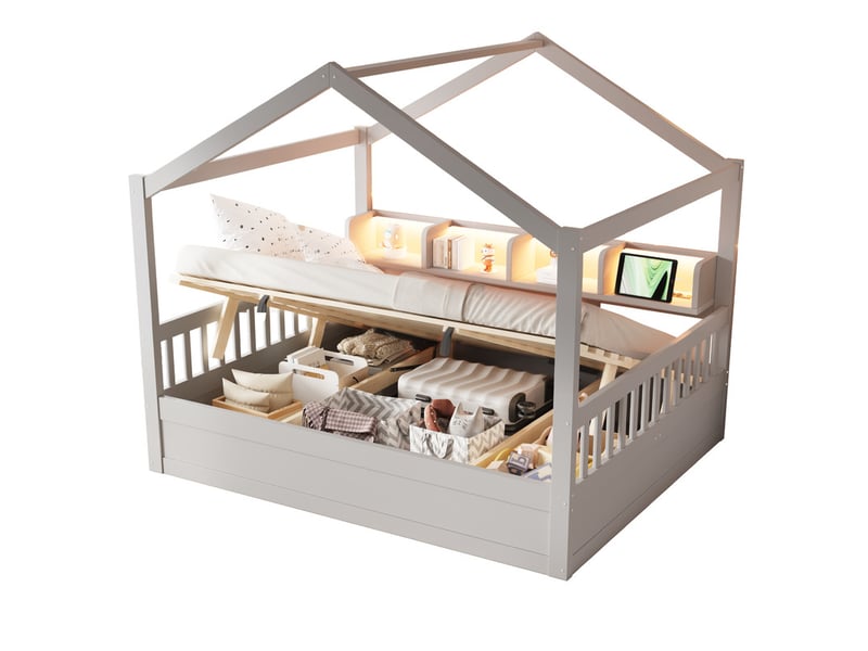  Lit enfant 140 × 200 cm – avec barrière de sécurité – avec espaces de rangement – ​​avec bande led et prise électrique – gris (matelas non inclus)  - Conforama A