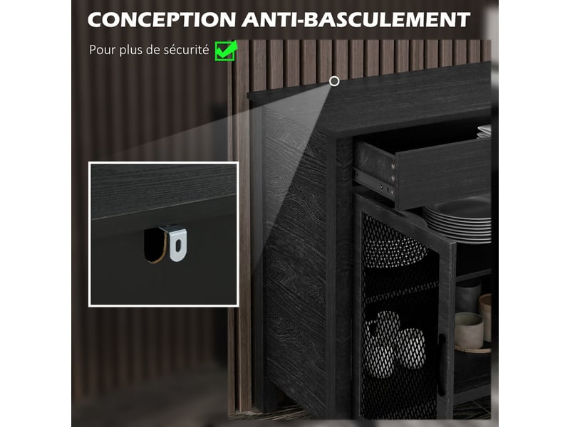  Buffet bas meuble de rangement 4 portes avec étagères réglables et 2 tiroirs style industriel noir 150 x 40 x 85 cm  - Conforama W