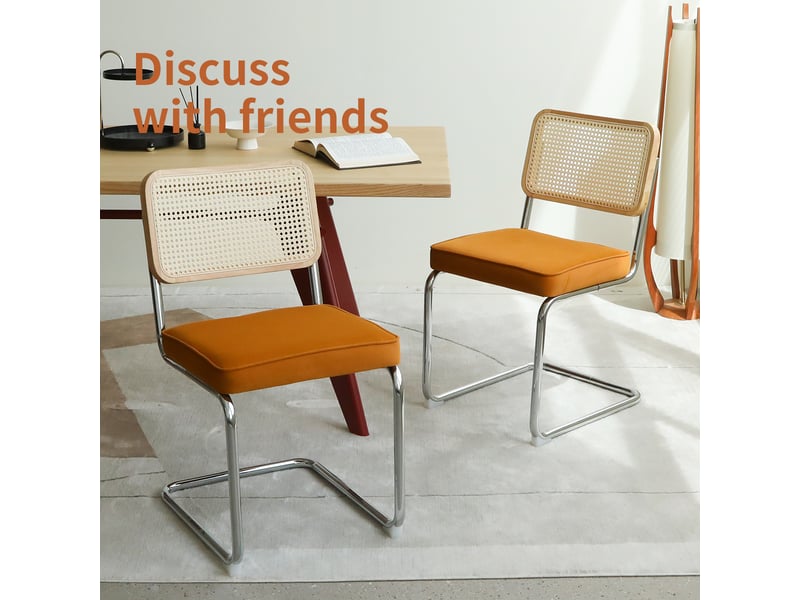  Chaise de salle à manger cantilever empilable avec dossier en rotin et assise en velours, chrome orange  - Conforama E