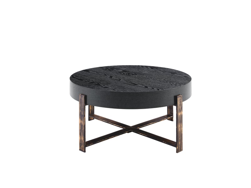  Table basse ronde 68x68x36 cm style industriel rétro, plateau mdf noir et structure en métal bronze antique  - Conforama A