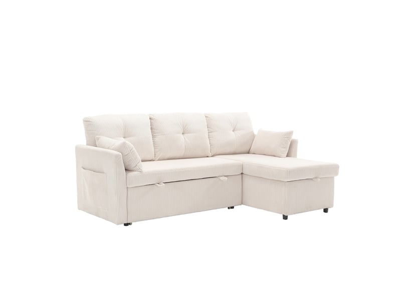  Canapé d'angle convertible 3 places beige en velours côtelé, avec rangement, chaise réversible et lit d'appoint  - Conforama A