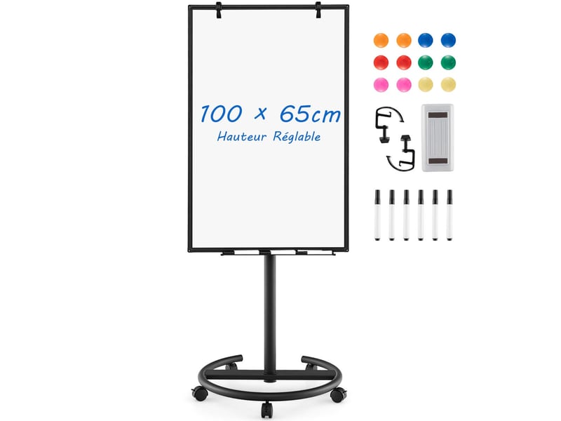  Tableau blanc mobile 100 x 65 cm hauteur réglable avec roues pratique et surface magnétique en métal noir 20_0014138  - Conforama A