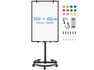 Tableau blanc mobile 100 x 65 cm hauteur réglable avec roues pratique et surface magnétique en métal noir 20_0014138