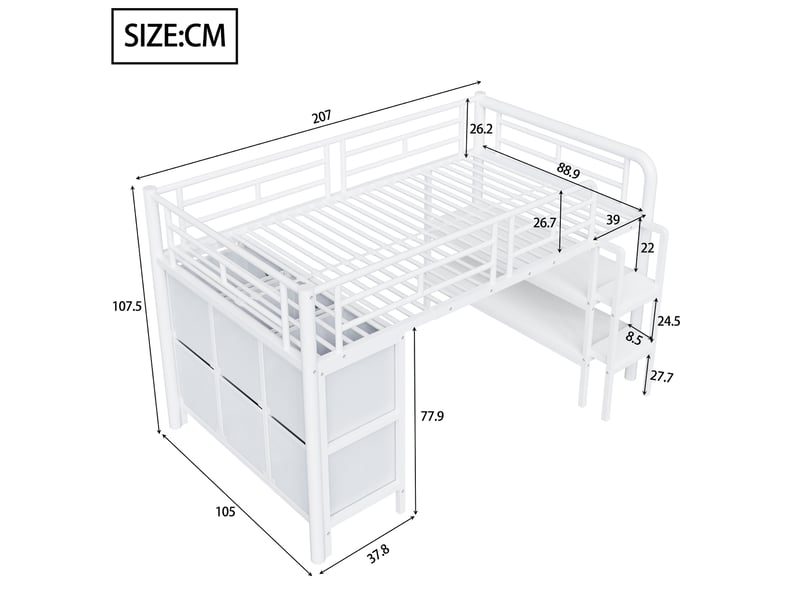  Lit mezzanine enfant 200×90 cm avec tiroirs, étagères et escalier à marches larges, en métal et mdf blanc et rose  - Conforama D
