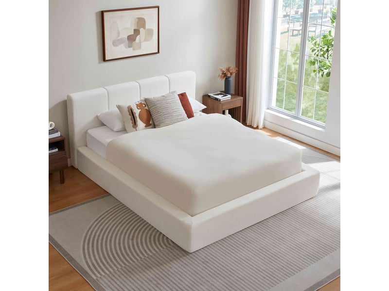  Lit 140x200 cm avec tête de lit rembourrée, cadre en acier renforcé, sans sommier tapissier, montage facile, matelas non inclus  - Conforama B
