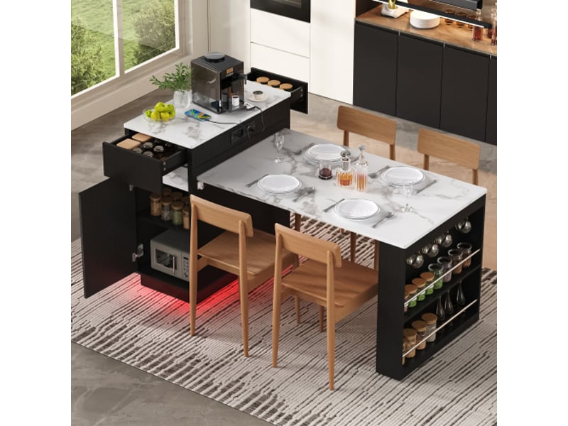 Îlot de cuisine mobile sur roulettes – table extensible, éclairage led, multiprise et crochets – noir, buffetbar - Conforama D