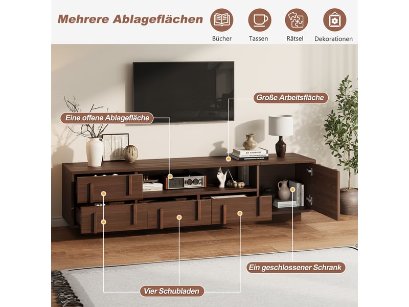  Meuble tv avec 4 tiroirs, 1 porte, 2 niches et passe-câbles pour salon, téléviseur jusqu’à 75 pouces, noyer 180×40×45 cm  - Conforama D