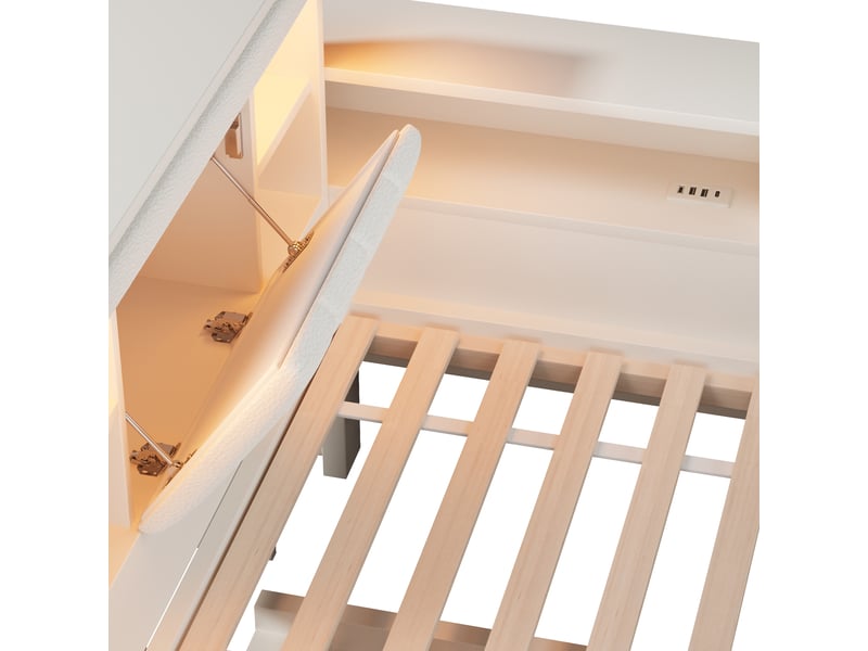 Lit gigogne blanc 90x190 cm avec liseuses, rangements, usb et type-c Fay Lum - Conforama R