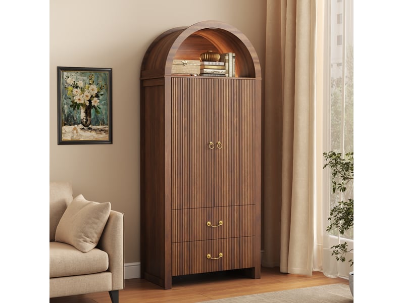  Buffet haut 76x38x180 cm avec led, 2 portes et 2 tiroirs, coloris noyer  - Conforama E