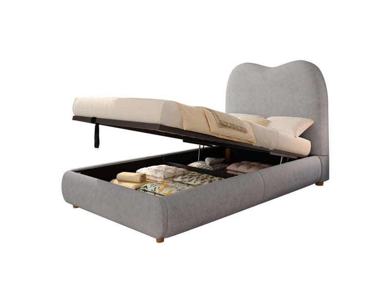  Lit coffre enfant modenvie 90 x 200 cm avec sommier, tête de lit et rangement à ouverture hydraulique en lin gris  - Conforama A