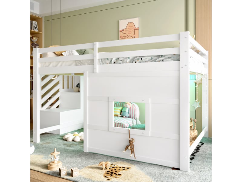Lit mezzanine 140x200 cm blanc, avec escalier de rangement 2 compartiments, fenêtre, led, garde-corps, sommier inclus, sans matelas - Conforama W