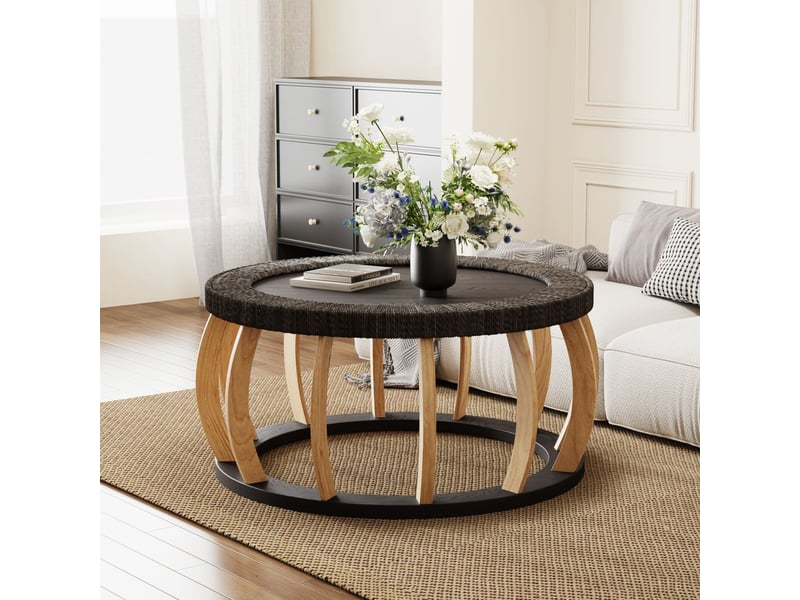  Table basse rotin vintage bois massif forme ronde pieds courbés style bohème noir brun  - Conforama B