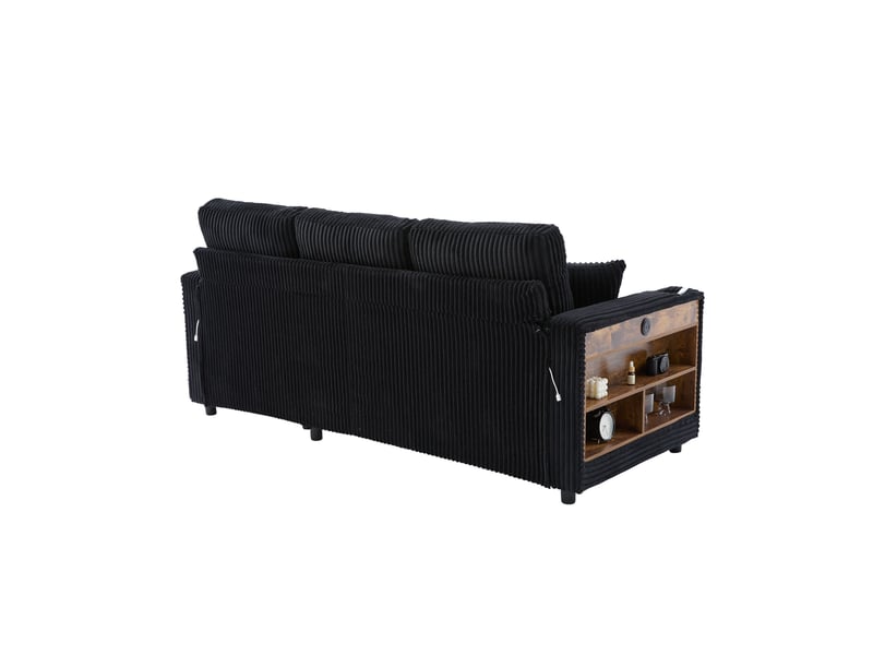  Canapé 3 places rangement 196x82–144x85 cm port usb‑c intégré éclairage à led coussins confortables velours côtelé noir  - Conforama E