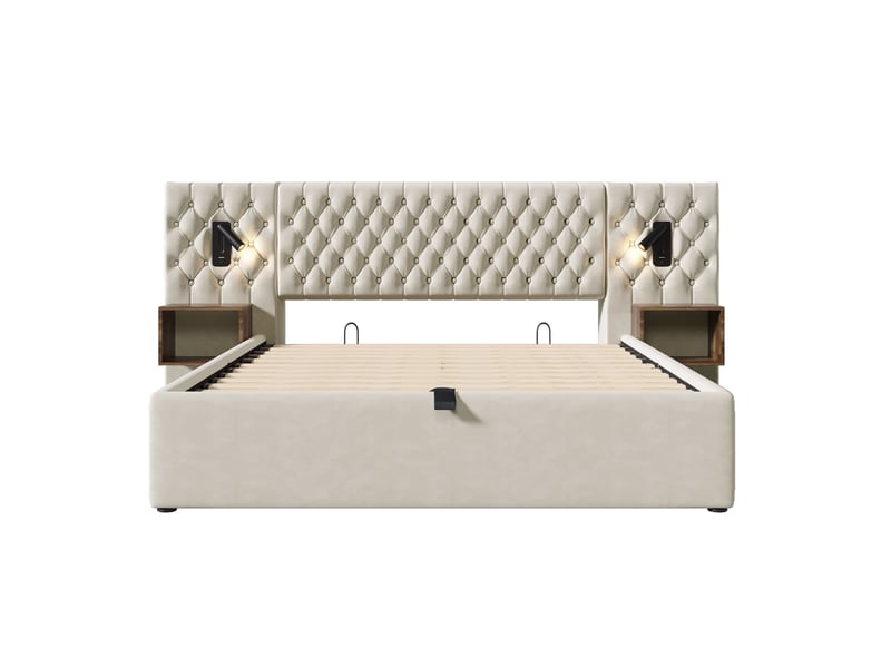  Ensemble lit double 180×200 cm avec 2 chevets, rangement hydraulique, beige  - Conforama A