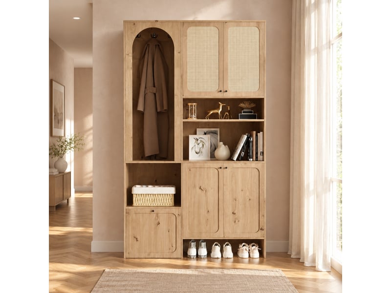  Ensemble de rangement d’entrée 4 portes, abattant et crochets, 120x35x200 cm, naturel  - Conforama C
