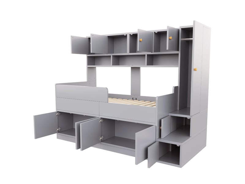  Lit mezzanine enfant 90x200 cm en panneaux de particules, mdf et panneaux multiplis avec rangement et led gris chicfurn  - Conforama E