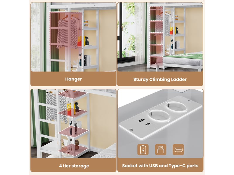  Lit mezzanine simple 90×200 cm avec bureau, étagères et rangement - okmyhome- métal mdf blanc, sans matelas  - Conforama E