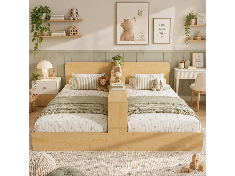 Lit pour 2 enfants avec 2 couchages 90x200cm, séparation centrale et niches de rangement des deux côtés, cadre en bois, naturel evarich - Conforama B