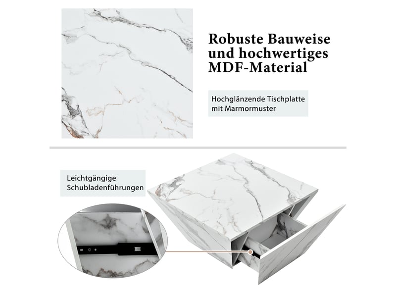  Table basse carrée 70x70 cm effet marbre blanc avec 2 tiroirs de rangement mdf  - Conforama E