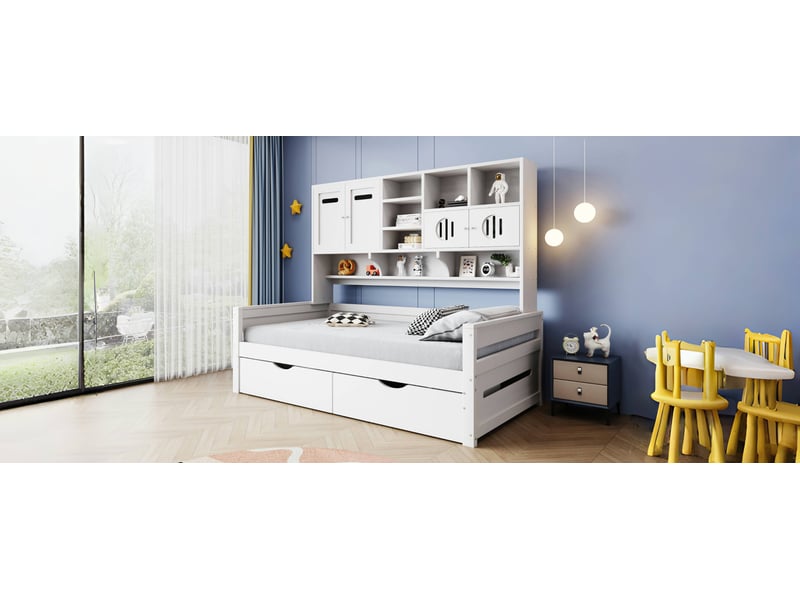 Lit banquette simple 90×200 cm rangement, 2 tiroirs et étagères - sans matelas, bois - blanc - Conforama E