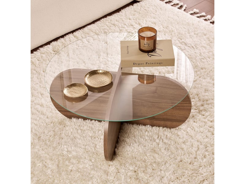  Table basse ronde en verre piètement couleur bois foncé d75 cm  - Conforama D
