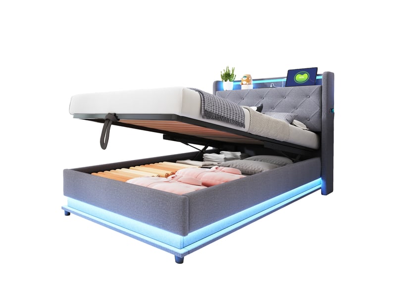  Lit enfant 90x200 cm en tissu gris, led multicolore, usb, tête de lit rabattable et coffre hydraulique  - Conforama E
