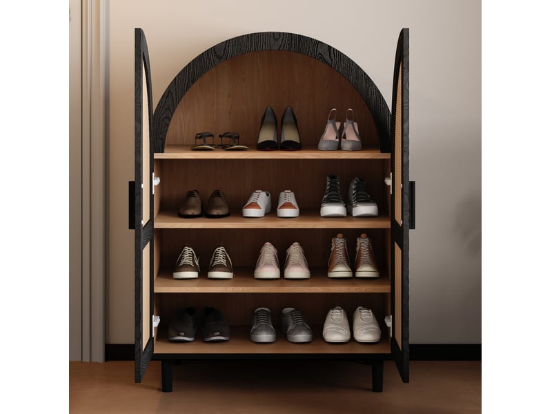 Meuble à chaussures 70x40x100 cm avec portes en rotin ajouré, rangement modulable, naturel et noir  - Conforama B