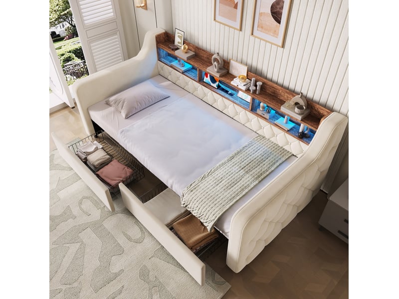 Lit une place 90x190 cm en velours beige avec led, usb, type-c, rangement et 2 tiroirs, sans matelas - Conforama B