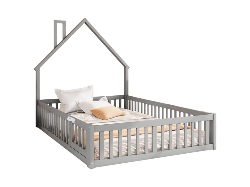  Lit enfant 140 × 190 cm 2 places avec barrière de sécurité et forme cheminée, sans matelas, en pin, gris  - Conforama A