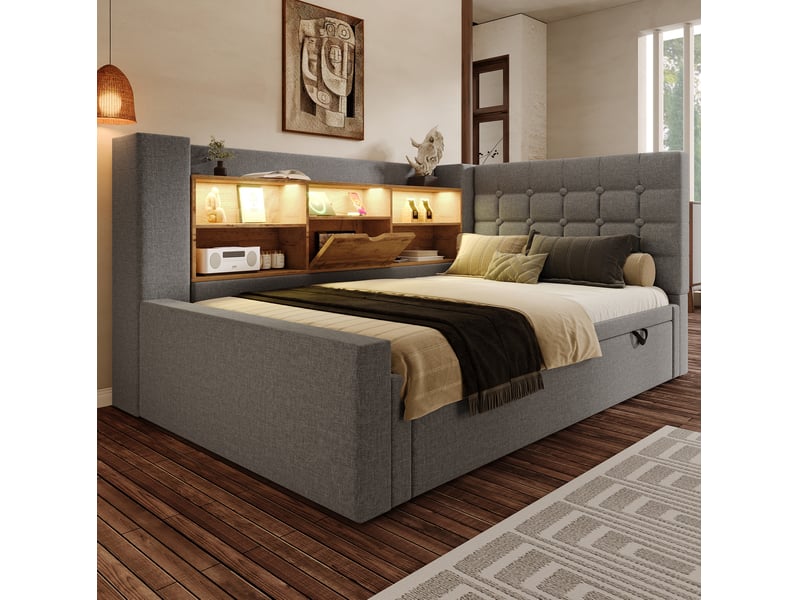  Lit banquette 90x200 cm – gris – lit gigogne avec led, rangements et ports usb-c intégrés, sans matelas  - Conforama B
