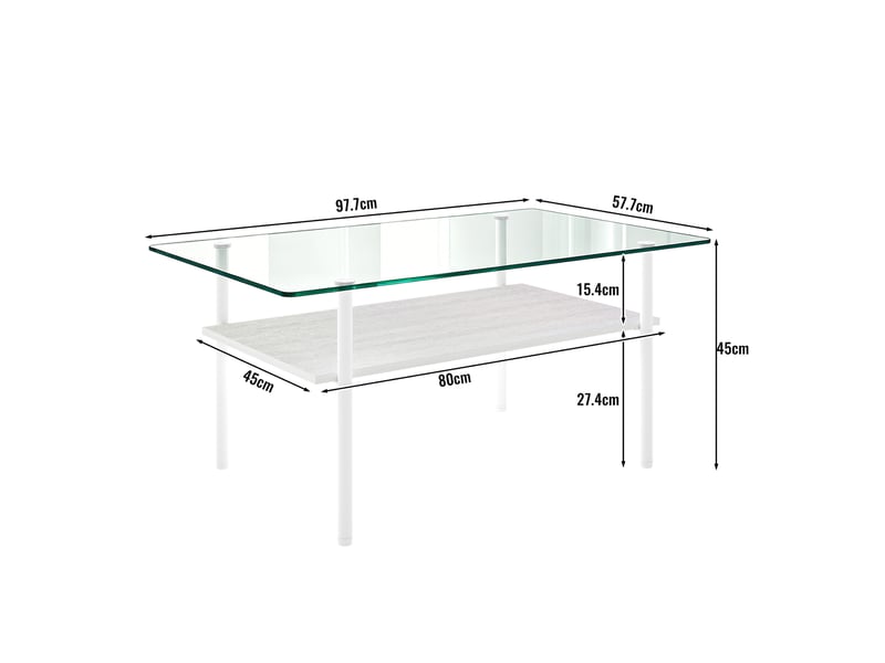 Table basse avec plateau en verre et étagère en mdf pour salon, structure métallique blanche - Conforama E