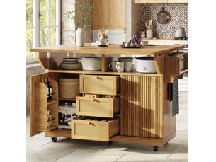 Desserte de cuisine mobile 142,5 x 80 x 95 cm coloris bois clair mdf, plateaux pliants et rangements