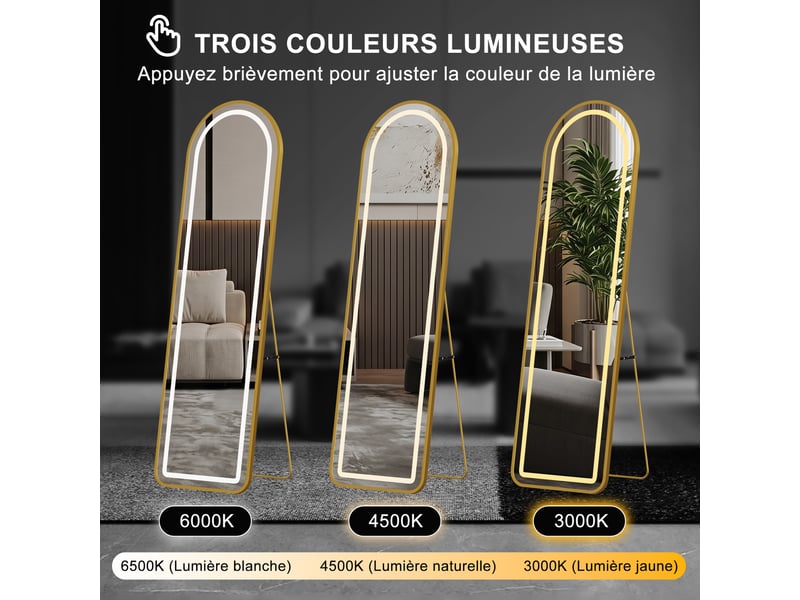  Miroir plein pied led arqué - 150 x 40 cm - verre trempé forme arche tactile 3 couleurs - doré  - Conforama E