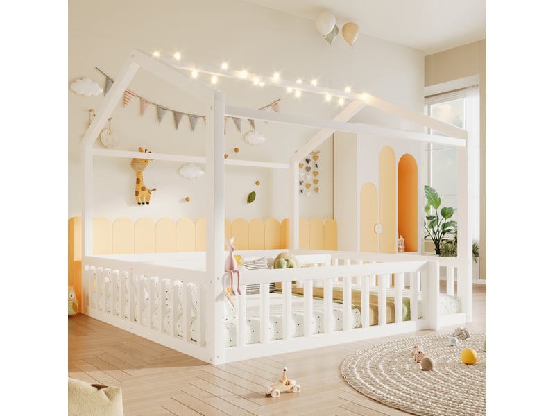 Lit enfant 90x190x156,5cm avec barrières en pin et mdf blanc, sans matelas, style minimaliste avec led ORFRN636P382007K - Conforama E