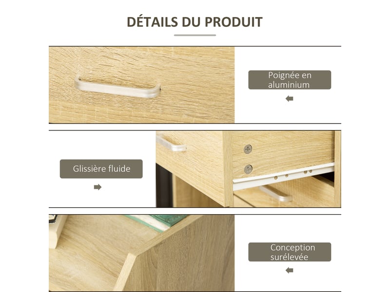  Caisson de bureau rangement sur roulettes 4 tiroirs coulissants mdf et panneaux de particules bois naturel dim. 40l x 36l x 65h cm  - Conforama R