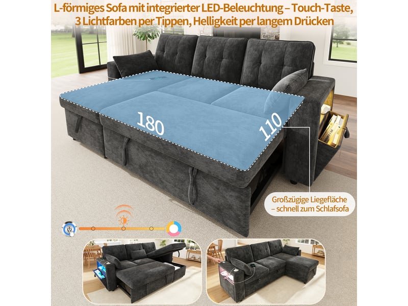  Canapé d'angle convertible avec méridienne réversible, rangement, led, usb-c en chenille gris, 213 × 131 × 83 cm  - Conforama E