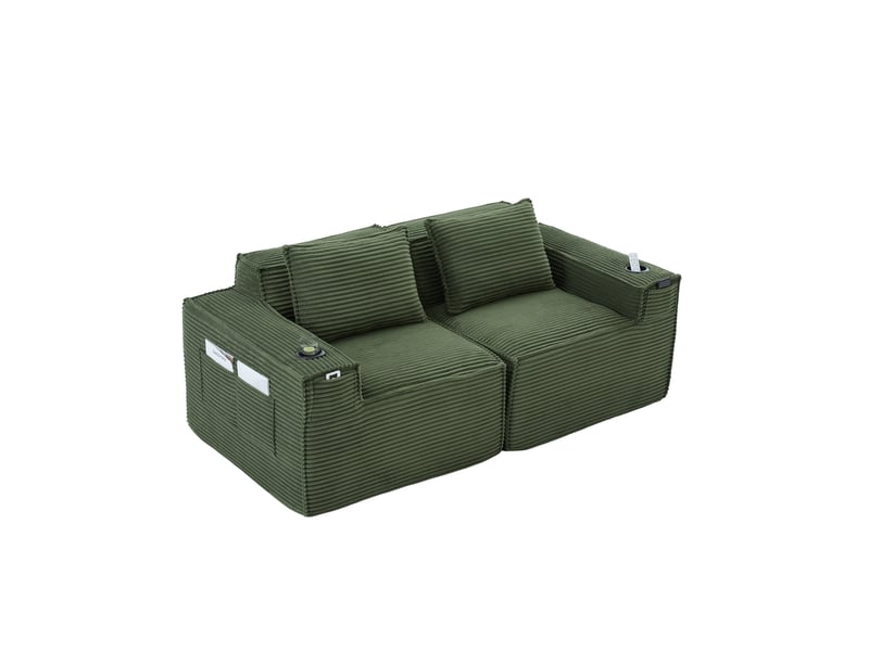  Canapé modulable 2 places – canapé en velours côtelé, assise profonde, porte-gobelets intégrés, poches latérales, ressorts et mousse haute densité, coussins inclus, vert  - Conforama A