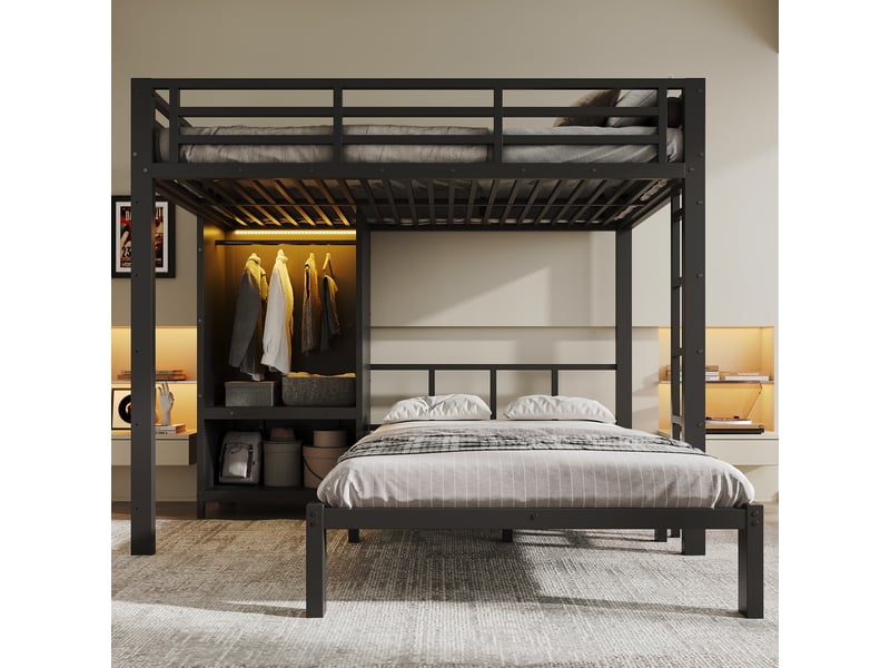 Lit superposé métal 120x200 noir avec armoire intégrée, 2 couchages et échelle droite - Conforama D