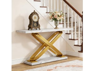 Console d'entrée avec plateau effet marbre blanc et structure en métal doré pour salon ou couloir 140 × 35 × 80 cm
