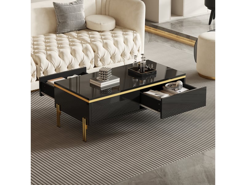 Table basse 100x50x36 cm avec 2 tiroirs sur deux côtés, pieds en métal et panneaux de particules brillants, noir et doré ABC - Conforama D